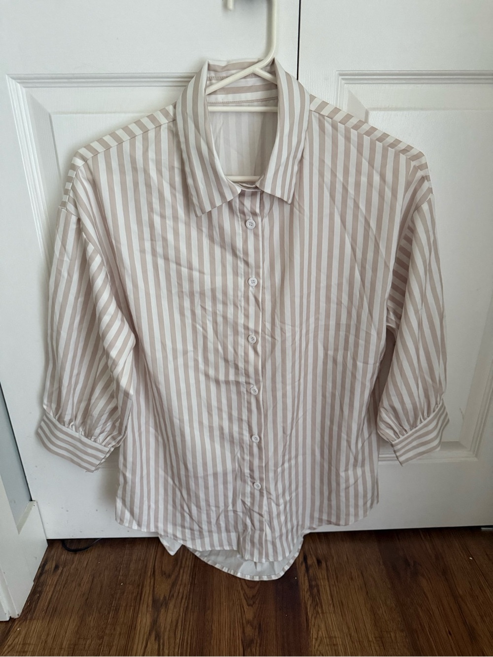 Beige and White Striped Button-Down Shirt